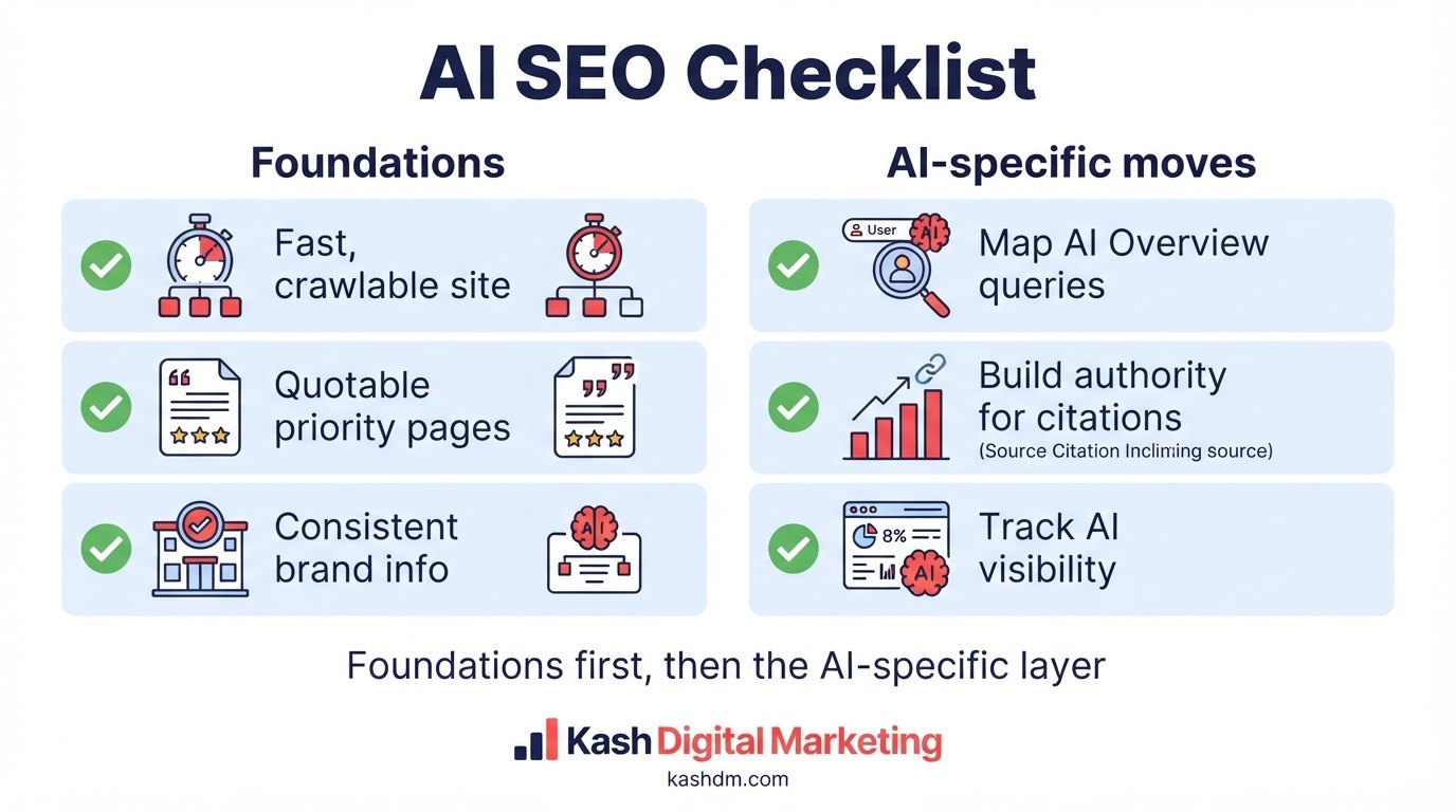 AI SEO implementation checklist: foundations, AI-specific moves and pitfalls to avoid for showing up in AI search.