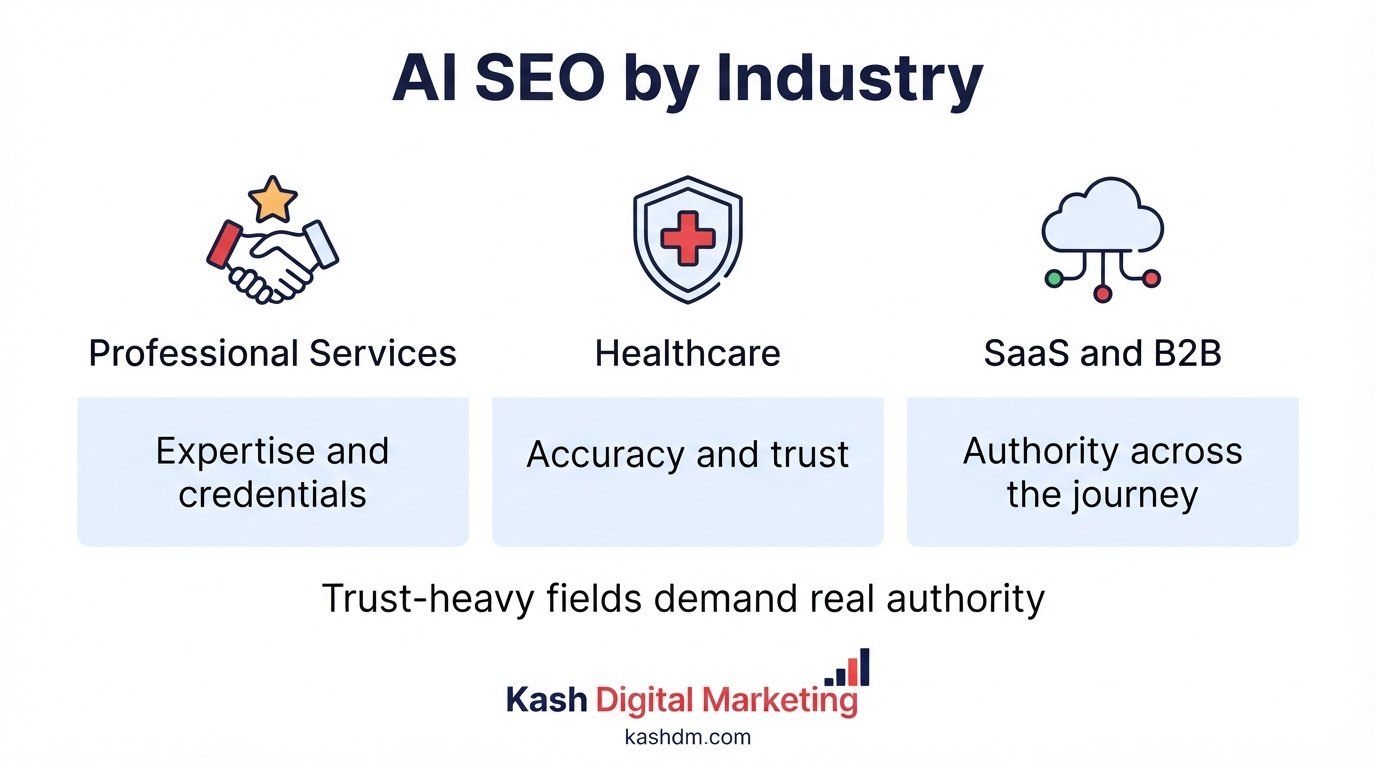 AI SEO for professional services, healthcare and SaaS: authority, accuracy and credentials that trust-heavy AI answers require.