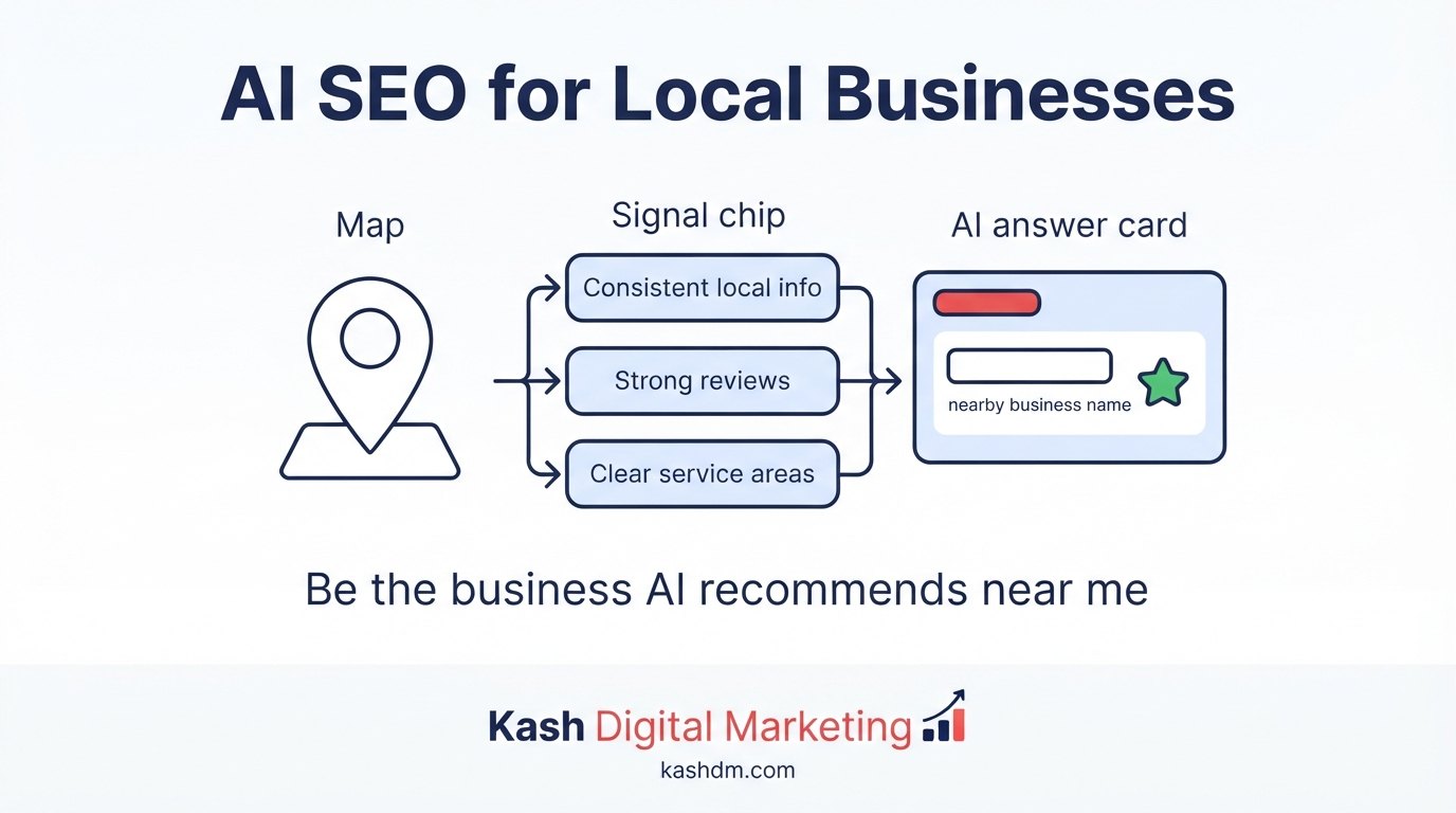 AI SEO for local businesses: consistent local data, strong reviews and clear service areas that earn AI near-me recommendations.