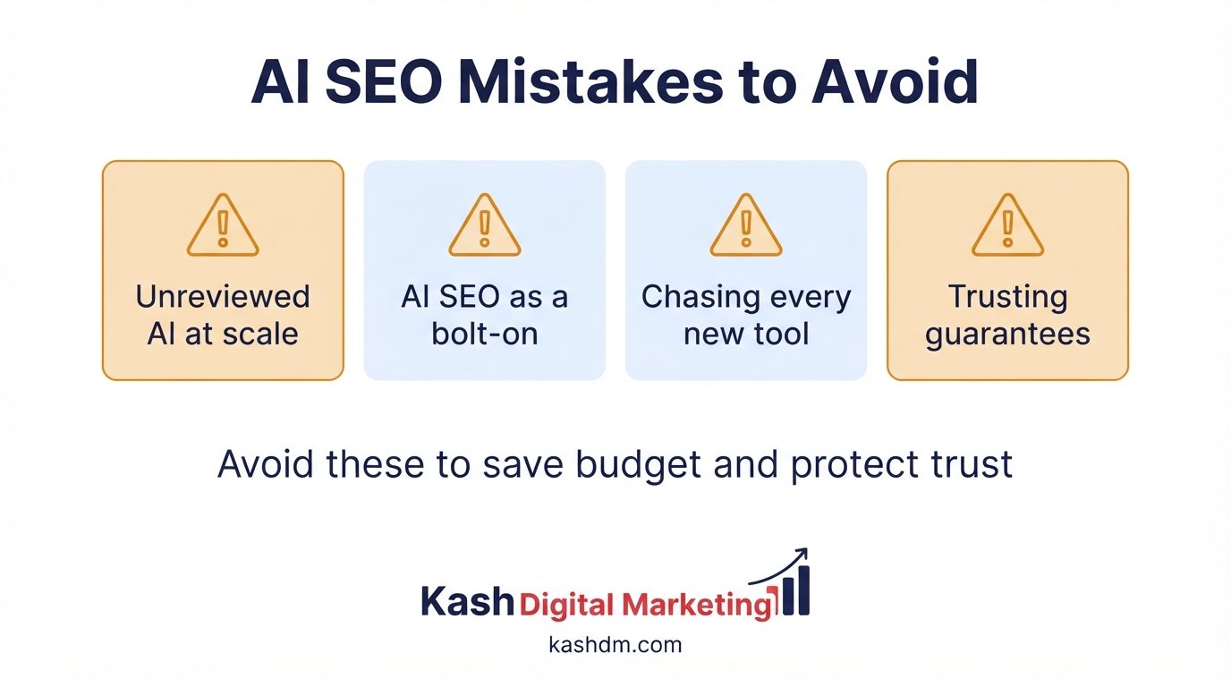 Common AI SEO mistakes to avoid: unreviewed AI content at scale, treating AI SEO as separate, chasing hype and trusting guarantees.