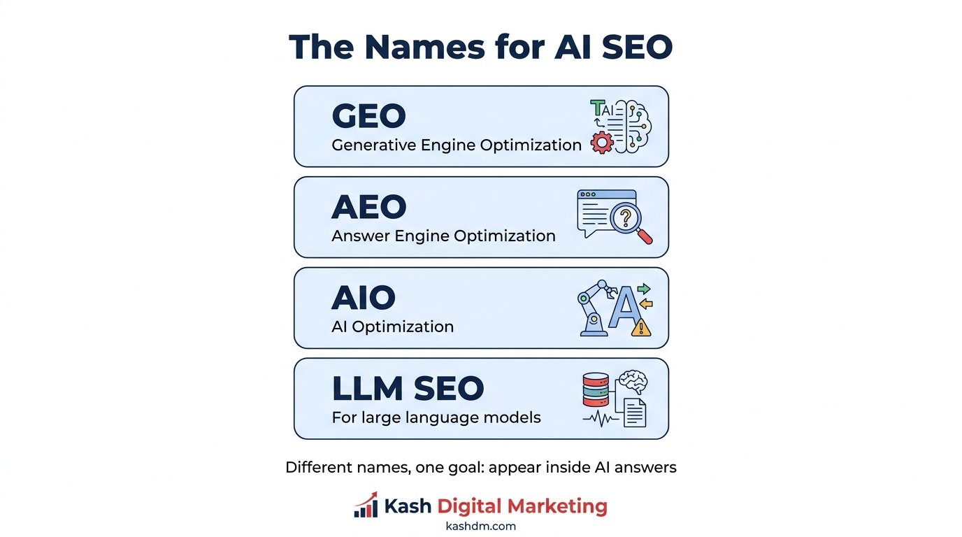 What AI SEO is called: GEO, AEO, AIO and LLM SEO explained as related terms for optimizing to appear inside AI answers.