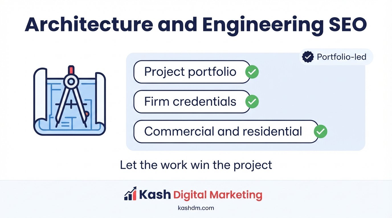 Architecture and engineering firm SEO: portfolio pages and credentials ranking for residential and commercial projects.