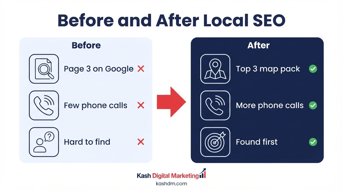 Before and after local SEO results: a before column showing page three, few calls and hard to find, versus an after column showing top three, more calls and found first.