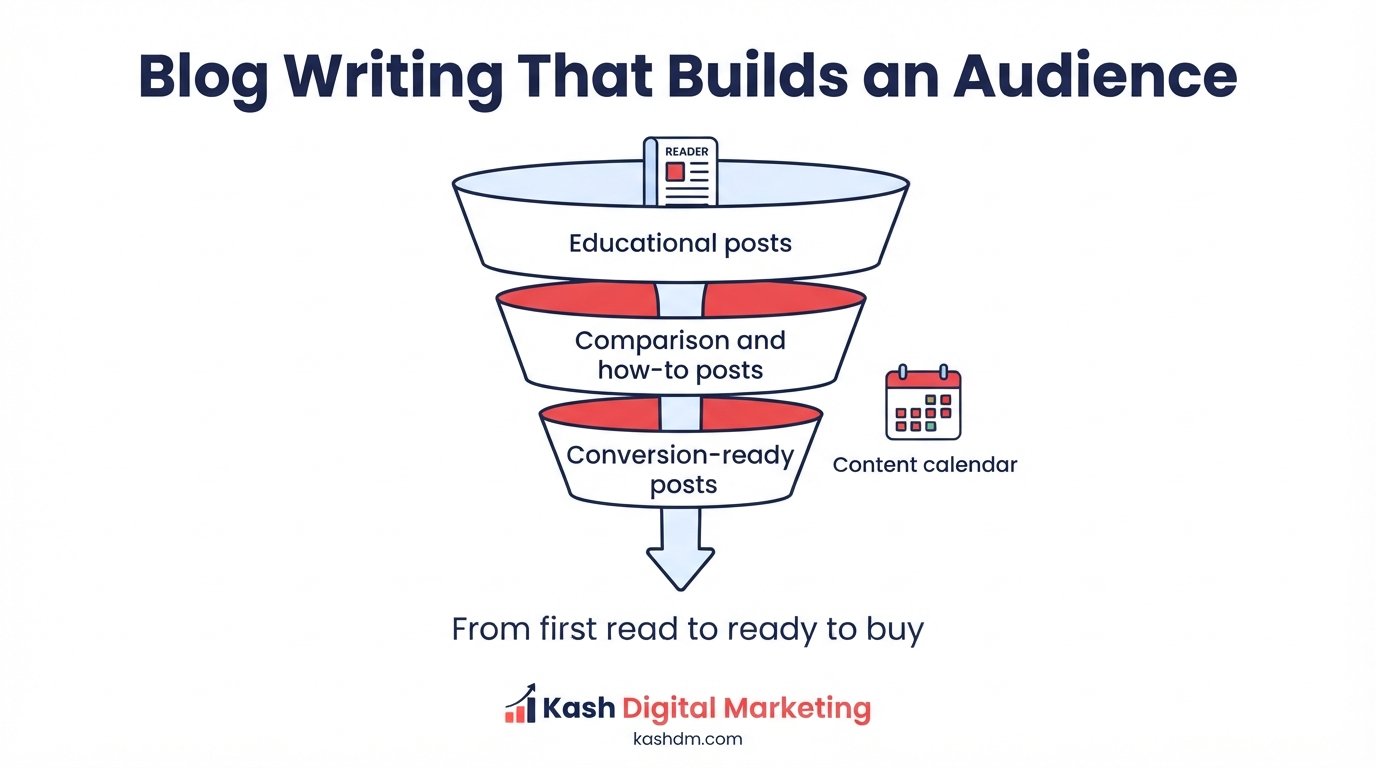 Blog writing services: a content calendar moving readers from educational posts to conversion-ready content.