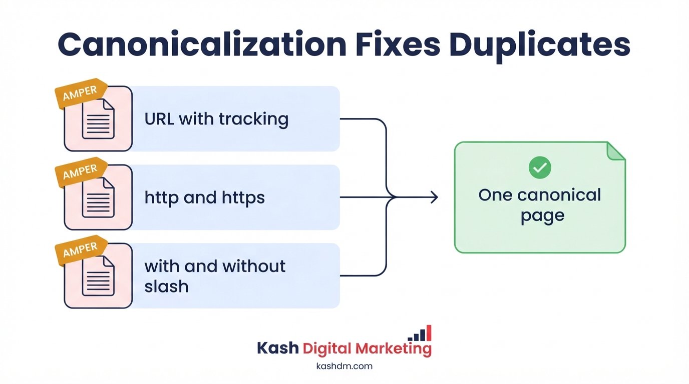 Canonicalization fixing duplicate content: multiple URL variations consolidated into one authoritative indexed page.