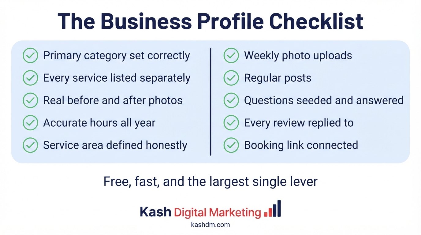 Google Business Profile optimization checklist for a carpet cleaning company.