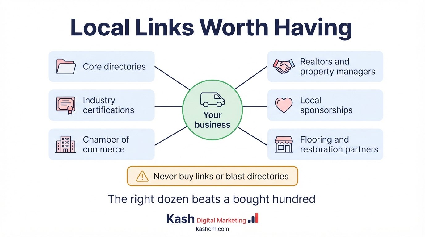 Local link and citation sources for a carpet cleaning company: directories, associations, partners and community.