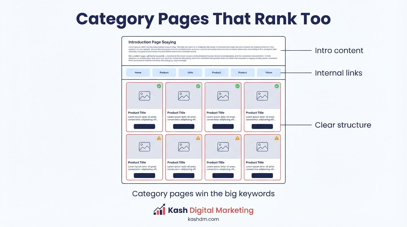 Category and collection page SEO: unique content and internal links connecting categories to products.