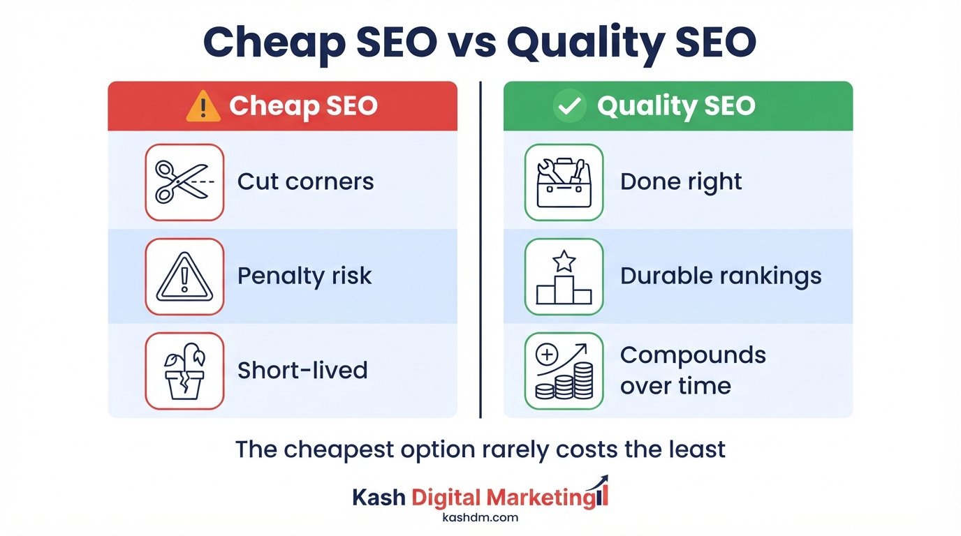 Cheap SEO versus quality SEO: cut corners and penalty risk versus durable, compounding results.