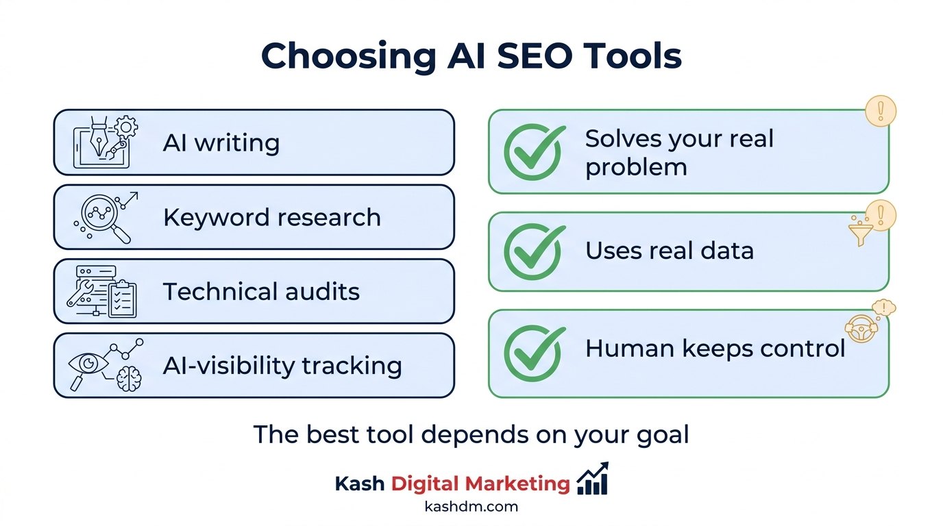 How to choose AI SEO tools: match the category to your problem, verify real data, weigh free vs paid and keep a human in control.