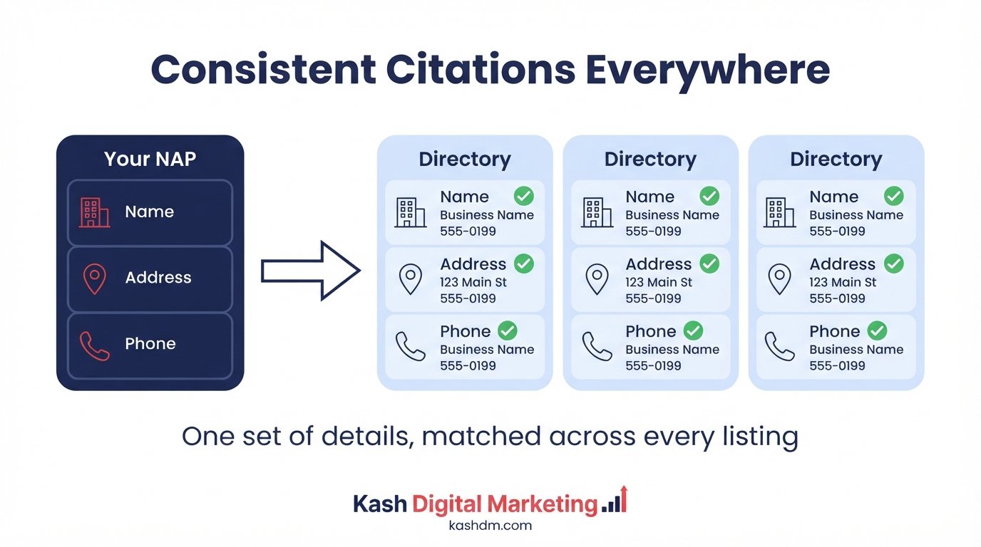 Citation building and NAP consistency: accurate, matching business listings across trusted directories.