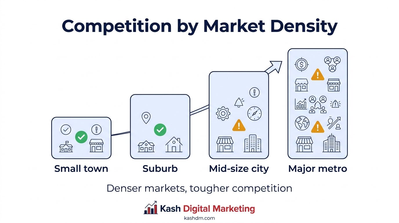How local search competition varies across different US markets and population densities.