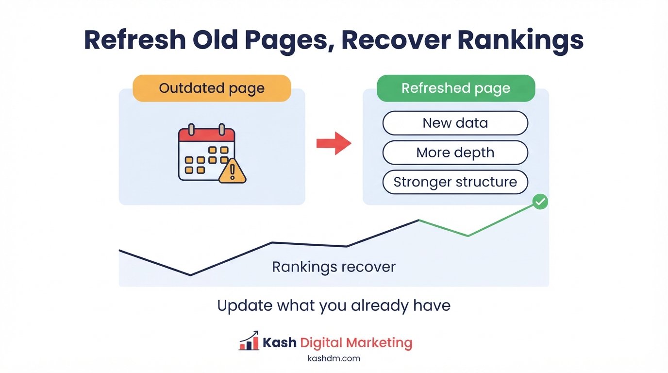 Content refresh: updating outdated pages with new data, expanded depth, and stronger structure to recover rankings.