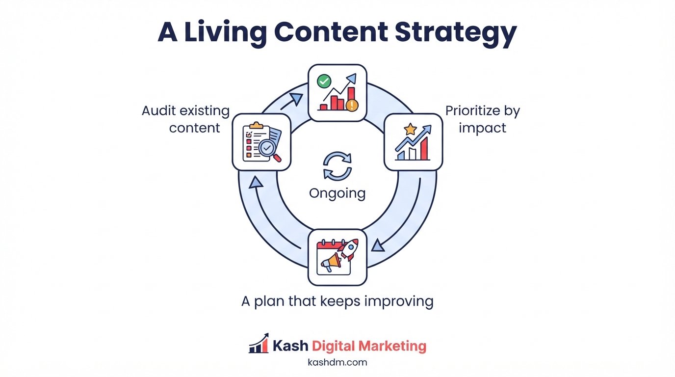 Content strategy: auditing existing content, prioritizing by impact, and building a living content plan.