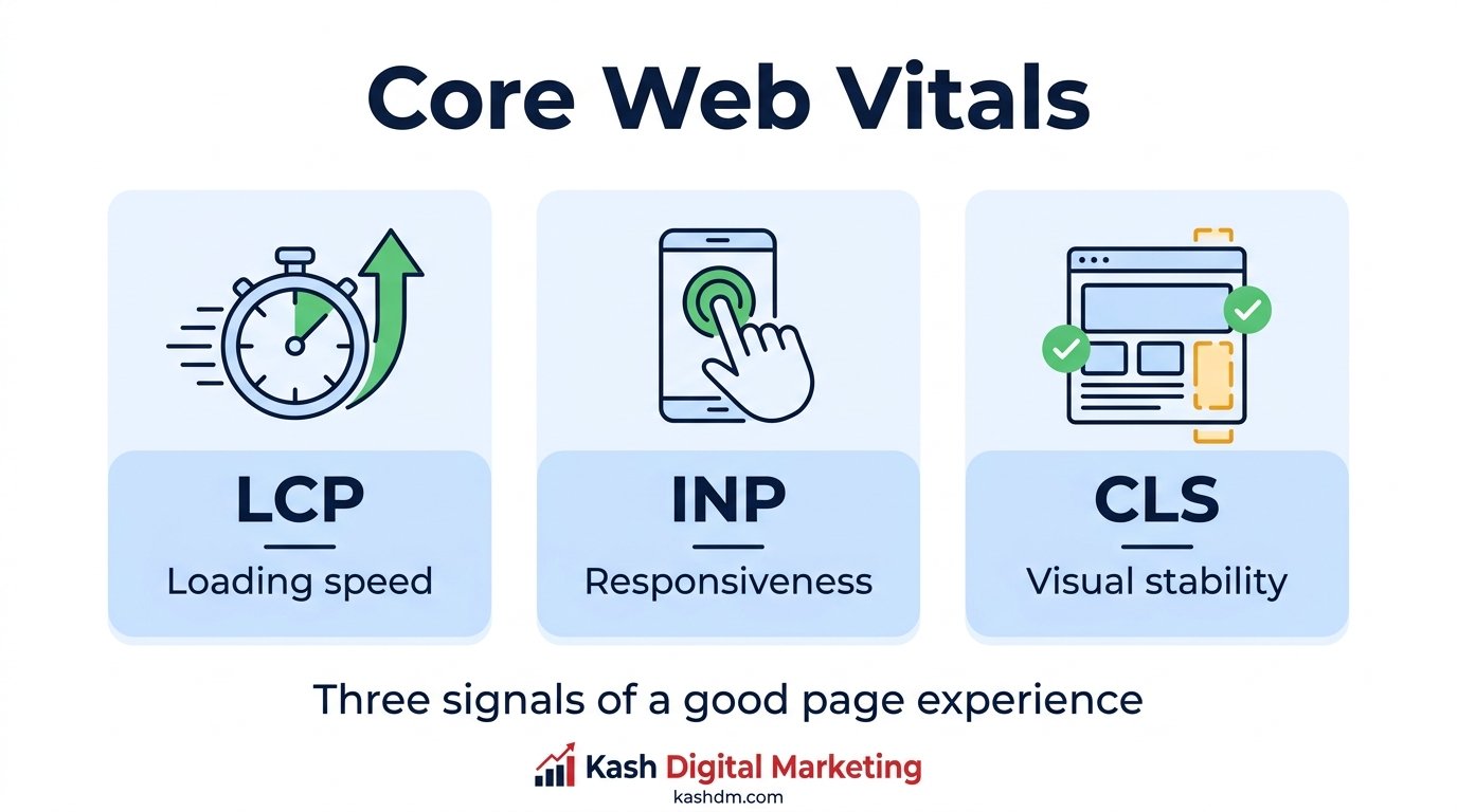 Core Web Vitals: LCP, INP and CLS measured on a webpage loading timeline.