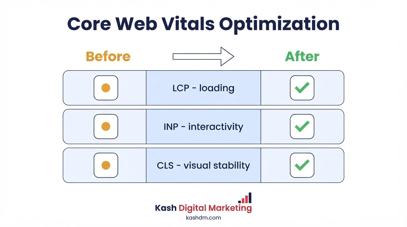 Core Web Vitals optimization: LCP, INP, and CLS metrics before and after technical fixes.