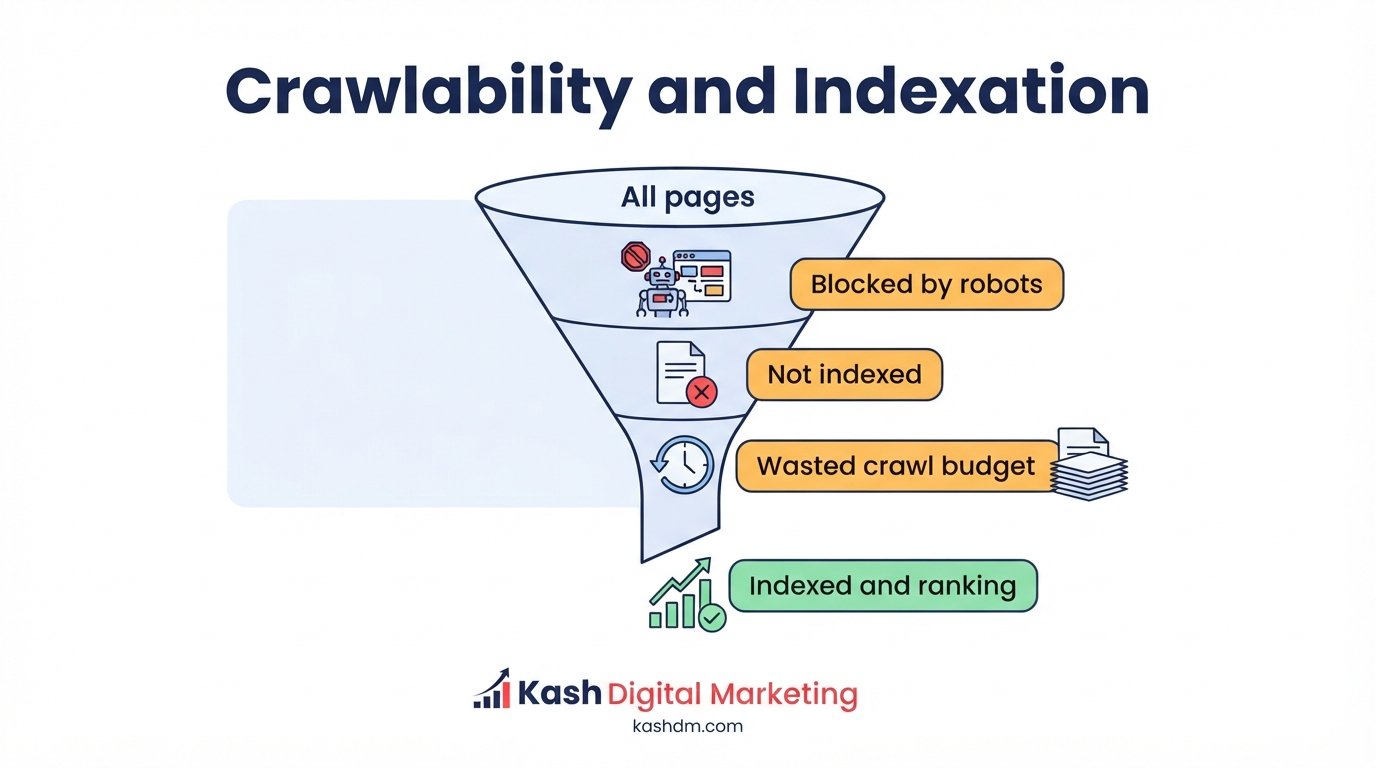 Crawlability and indexation audit: identifying pages blocked, unindexed, or wasting crawl budget.