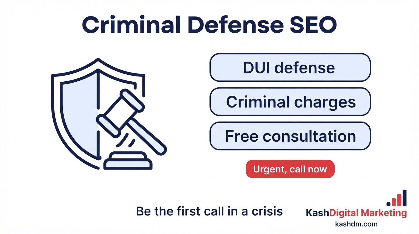Criminal defense attorney SEO: urgent DUI and criminal charge searches converting into immediate calls.