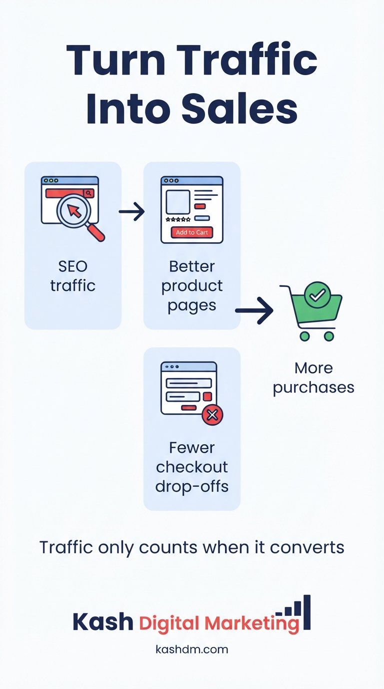 Ecommerce CRO: reduced checkout friction and visible trust signals turning organic traffic into sales.