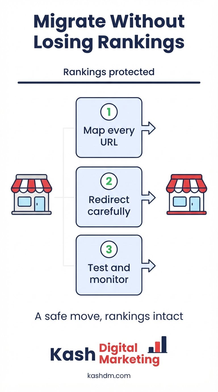 Ecommerce site migration SEO: URL mapping, redirect coverage and post-launch ranking monitoring.