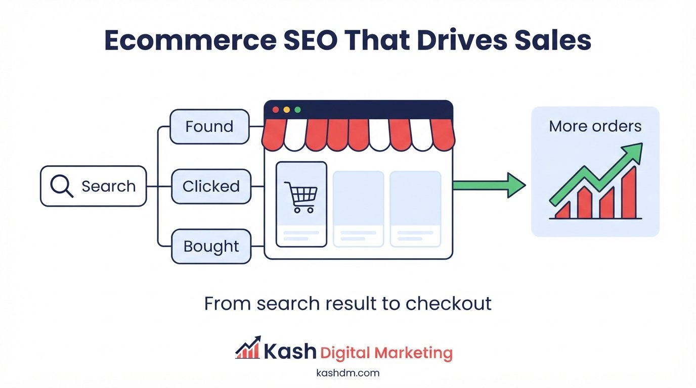 Ecommerce SEO services: an online store's product pages ranking on Google with rising organic sales.
