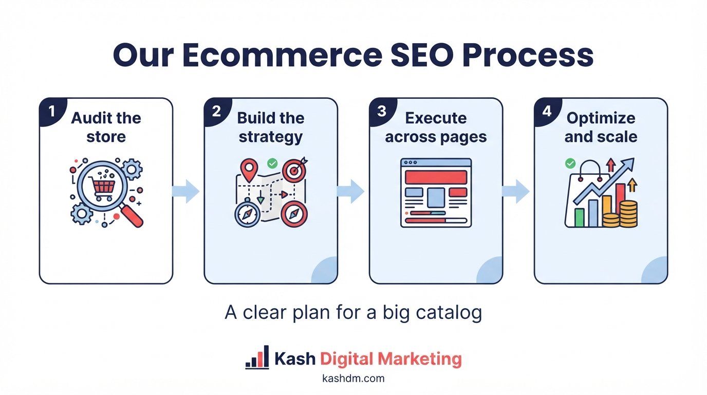 Ecommerce SEO process: audit, technical foundation, content and links, then ongoing reporting and scaling.