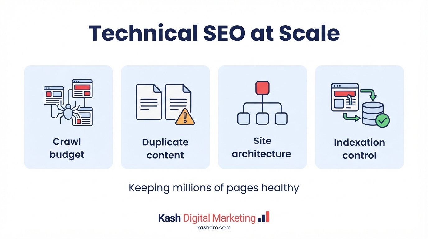 Enterprise technical SEO managing crawl budget, duplicate content and site architecture at scale.