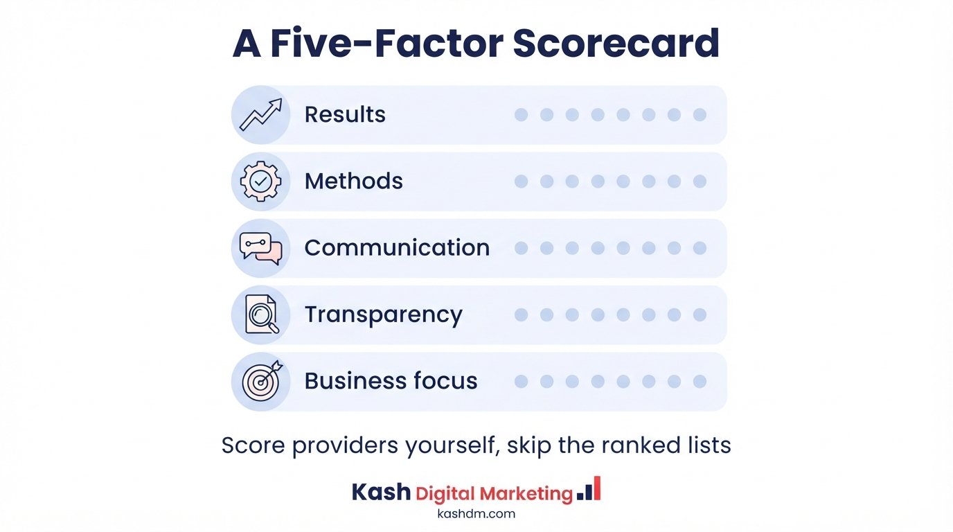 How to evaluate top SEO companies: a five-factor scorecard instead of trusting ranked lists.