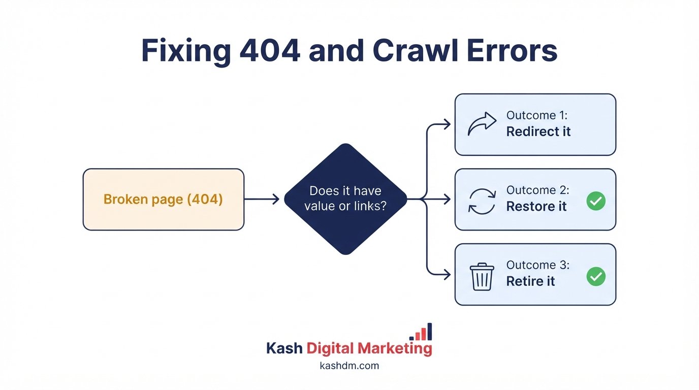 Fixing crawl errors and 404 errors: diagnosing broken pages and deciding between redirect, restore, or retire.