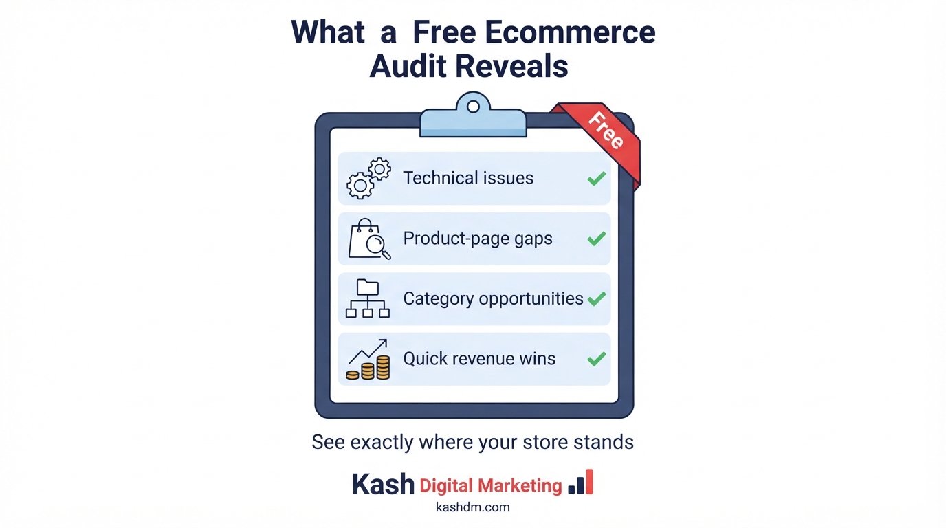 Free ecommerce SEO audit: what it reveals, rankings versus competitors, technical issues, quick wins and an action plan.