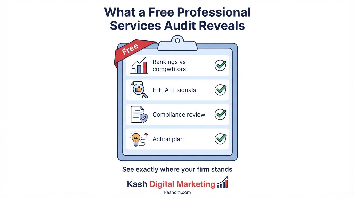 Free professional services SEO audit: rankings, E-E-A-T, compliance review and a prioritized action plan.