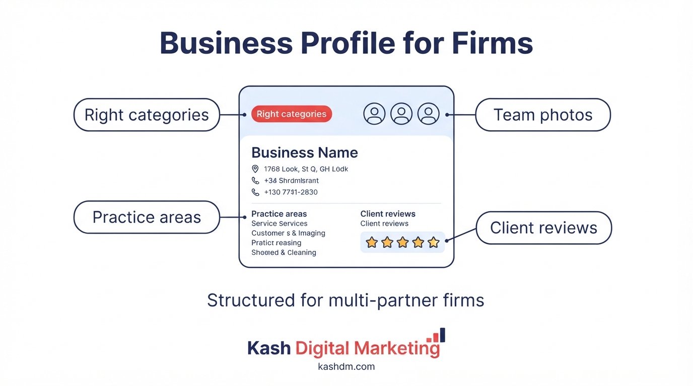 Google Business Profile for professional services firms: categories, team photos and multi-partner profile structure.