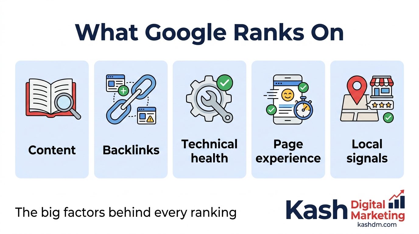 Google ranking factors: content, backlinks, technical health, page experience and local signals.