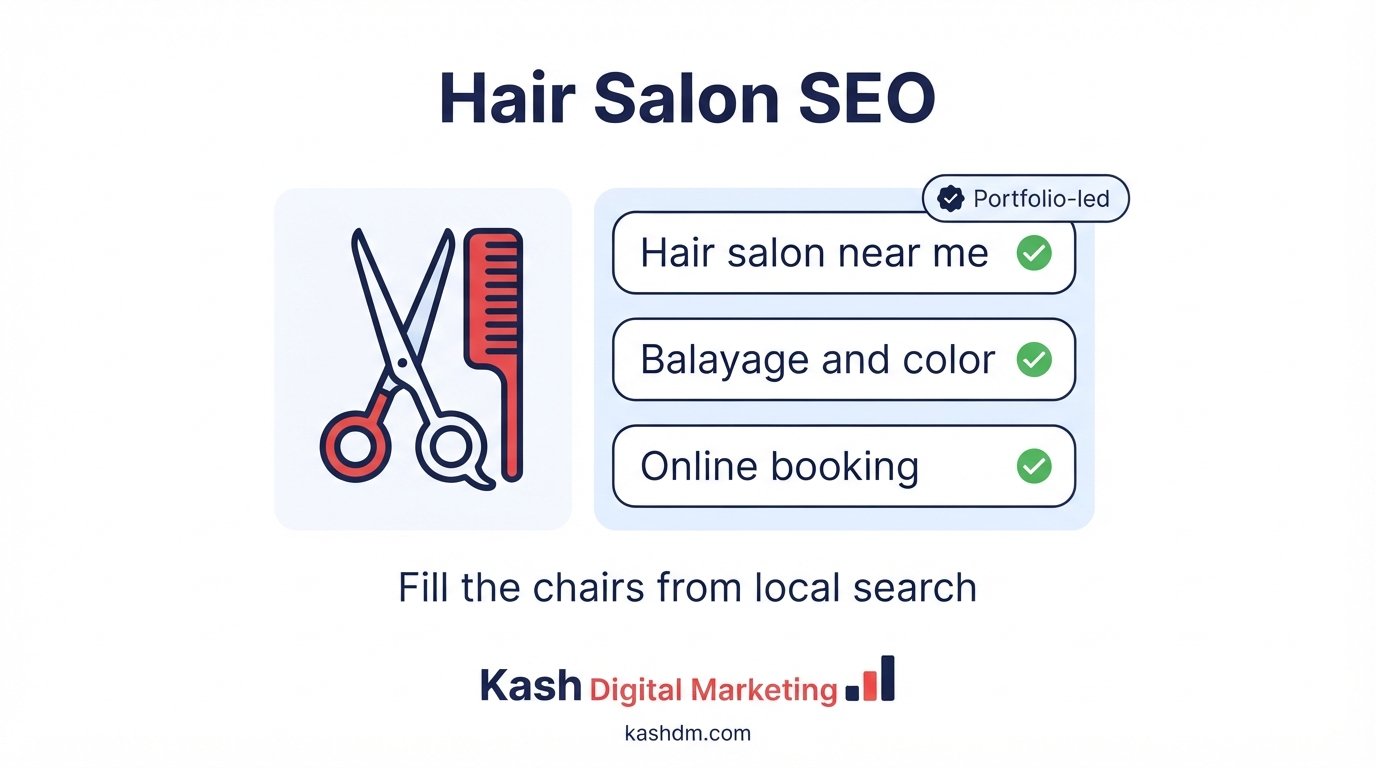 Hair salon SEO: a salon Google profile with balayage portfolio photos and an online booking link.