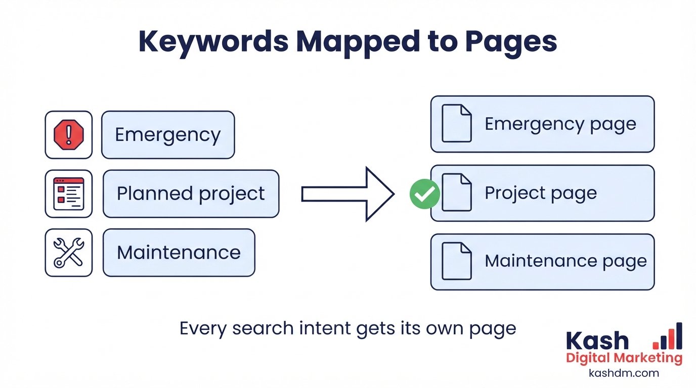 Home services keyword research: emergency, planned project and maintenance keyword clusters mapped to pages.
