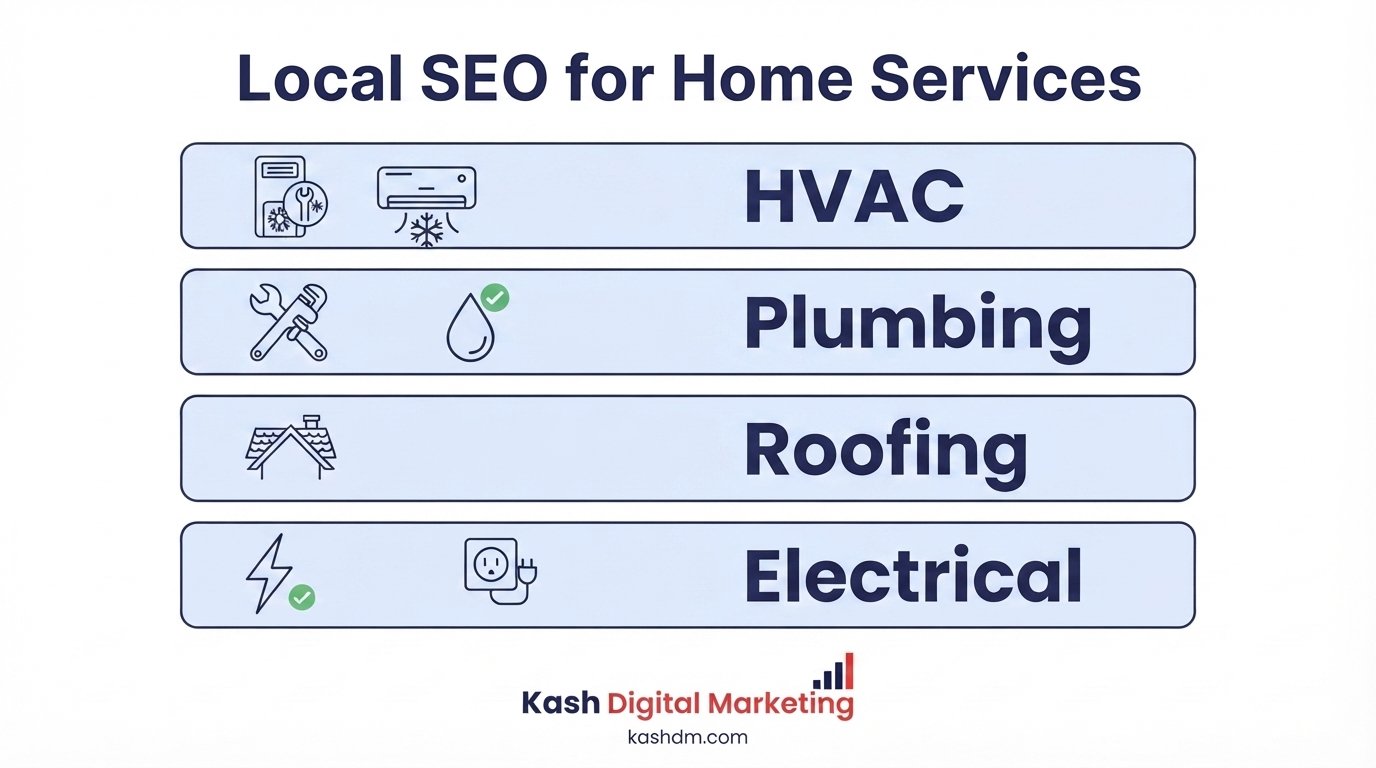 Local SEO for home services: ranking HVAC, plumbing, roofing and electrical businesses for near-me searches.