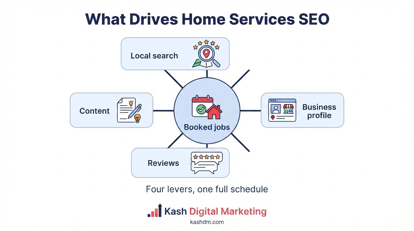 SEO for home services companies overview: local search, Google Business Profile, reviews and content driving booked jobs.