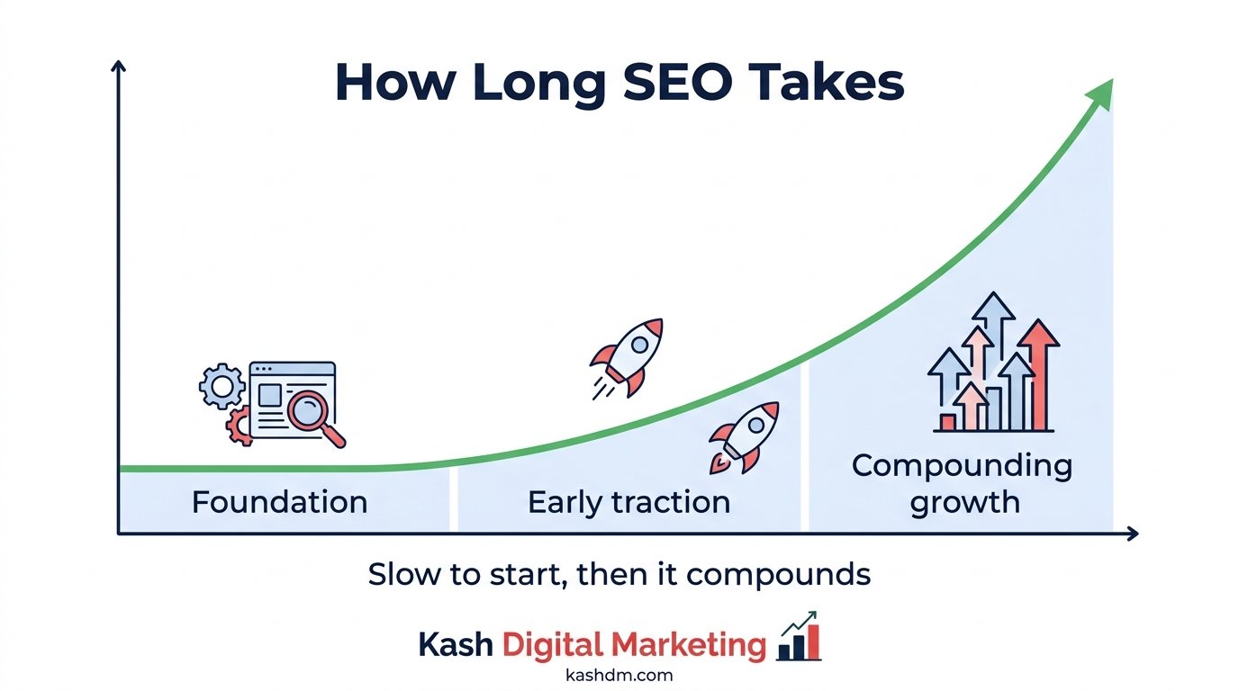 How long SEO takes: a growth curve accelerating from months three through twelve.
