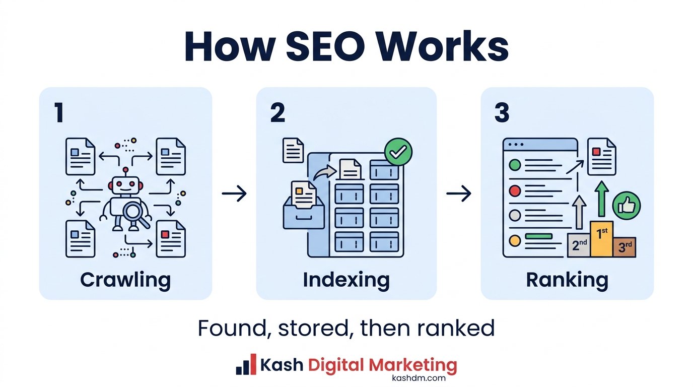 How SEO works: the three-stage pipeline of crawling, indexing and ranking.