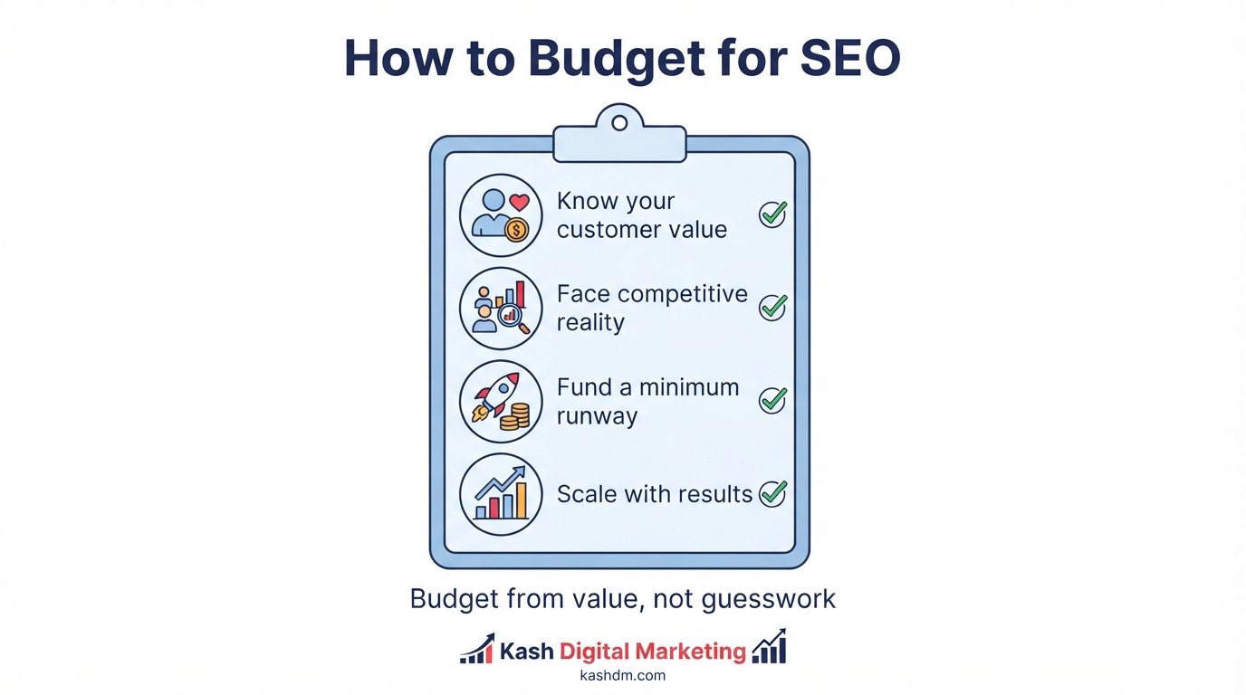 How to budget for SEO: customer value, competitive reality, minimum runway and scaling with results.