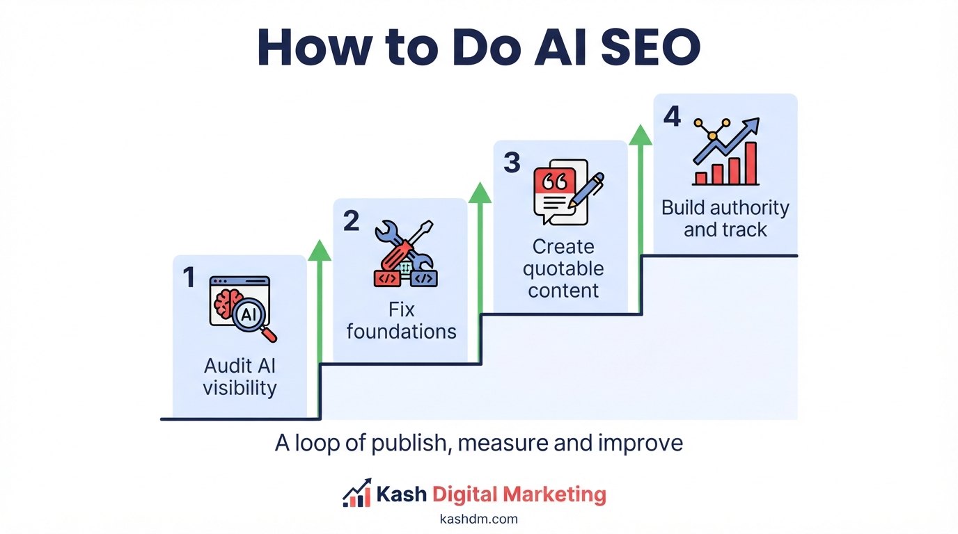How to do AI SEO step by step: audit visibility, fix foundations, create quotable content, build authority and track results.