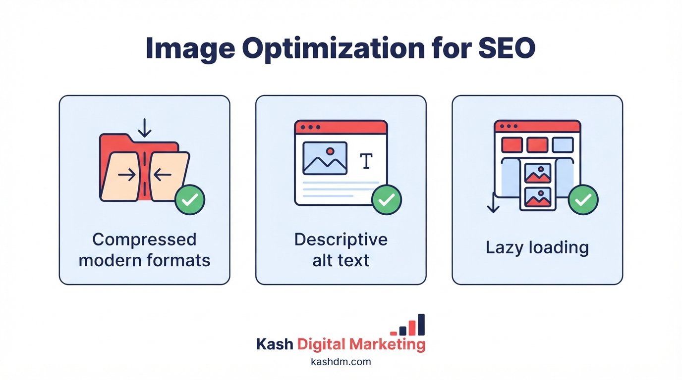 Image optimization for SEO: compressed modern formats, descriptive alt text, and lazy loading for faster pages.