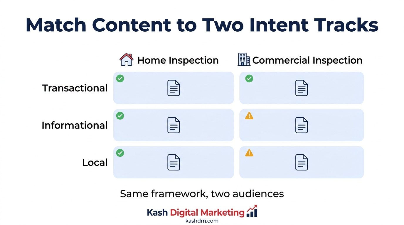 Residential and commercial inspection keyword tracks organized by transactional, informational, and local intent.