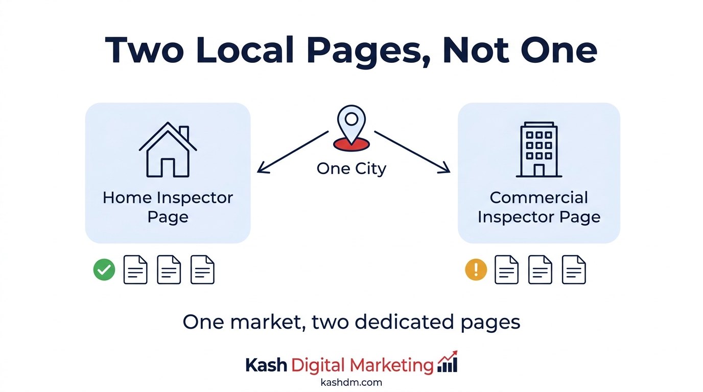 Separate local landing pages for home inspection and commercial inspection in the same city, instead of one mixed service-area page.