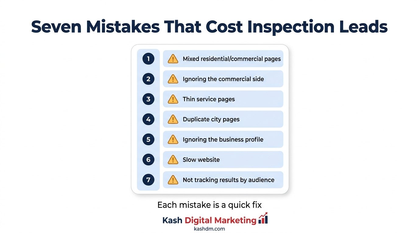 Seven common home and commercial inspection SEO mistakes, from mixing audiences to skipping the commercial side entirely.