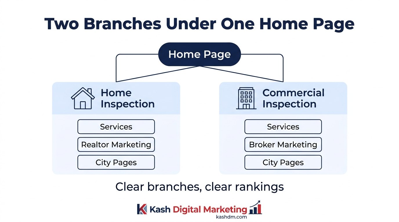 Recommended site architecture for an inspection company, split into a home inspection branch and a commercial inspection branch.