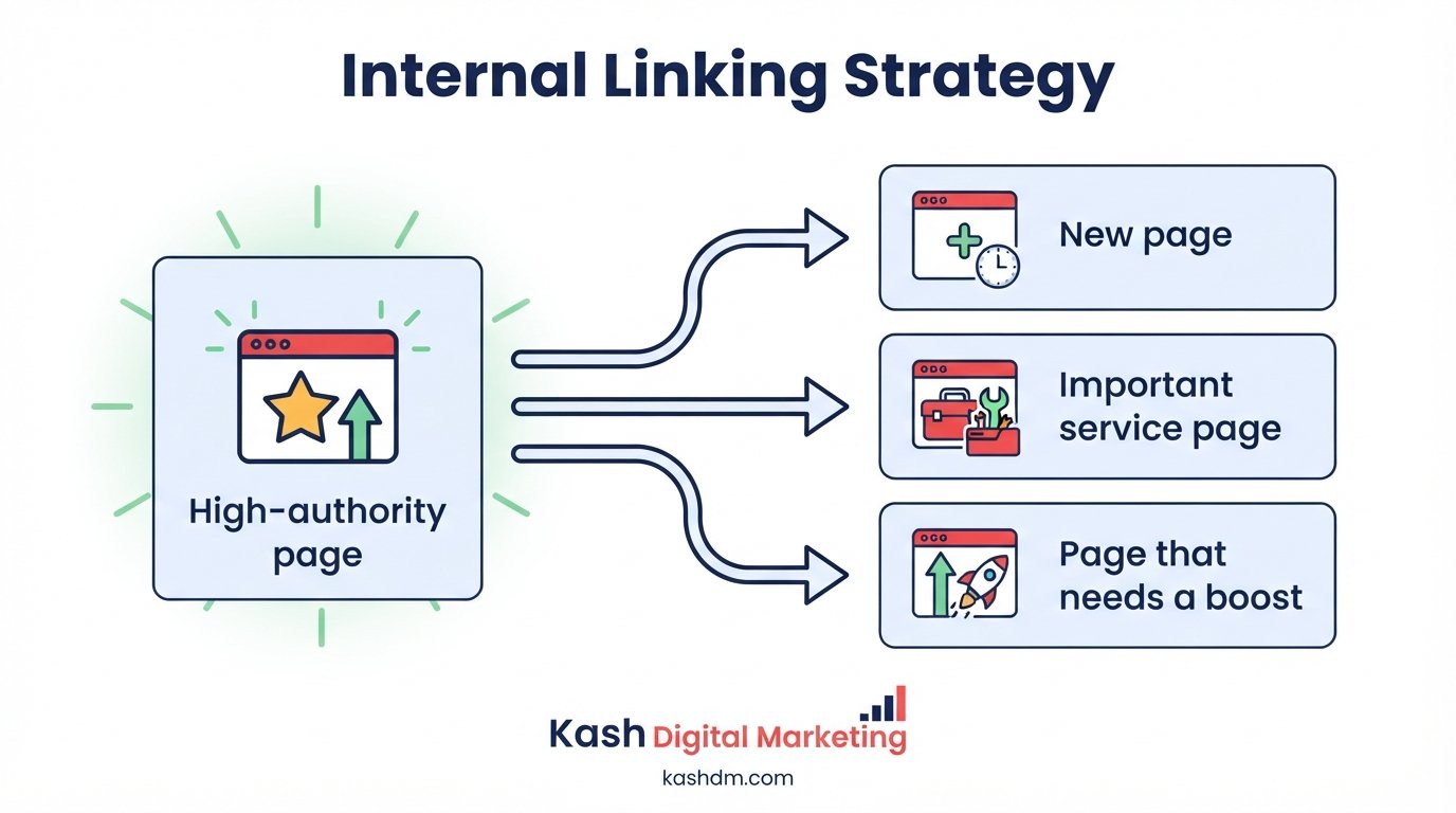 Internal linking strategy: authority flowing from strong pages through contextual links to pages that need support.
