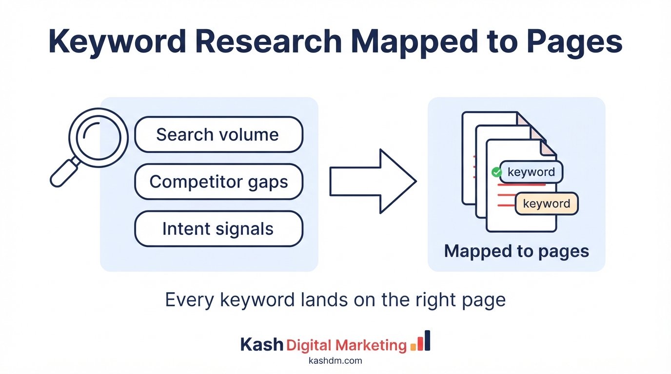 Keyword research services: search volume, competitor gaps, and intent signals mapped to individual pages.