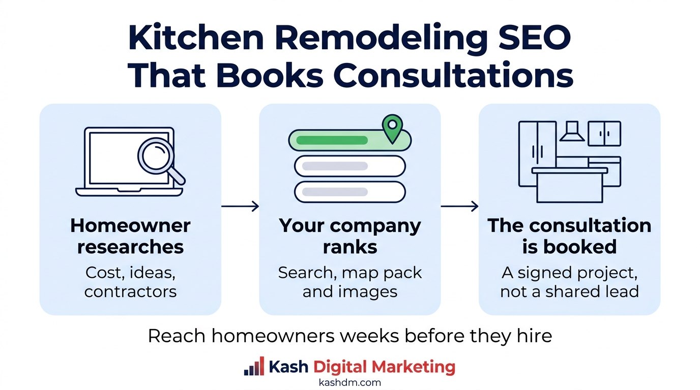 Kitchen remodeling SEO: a homeowner researching a kitchen project, the remodeler ranking in Google, and the consultation booked.