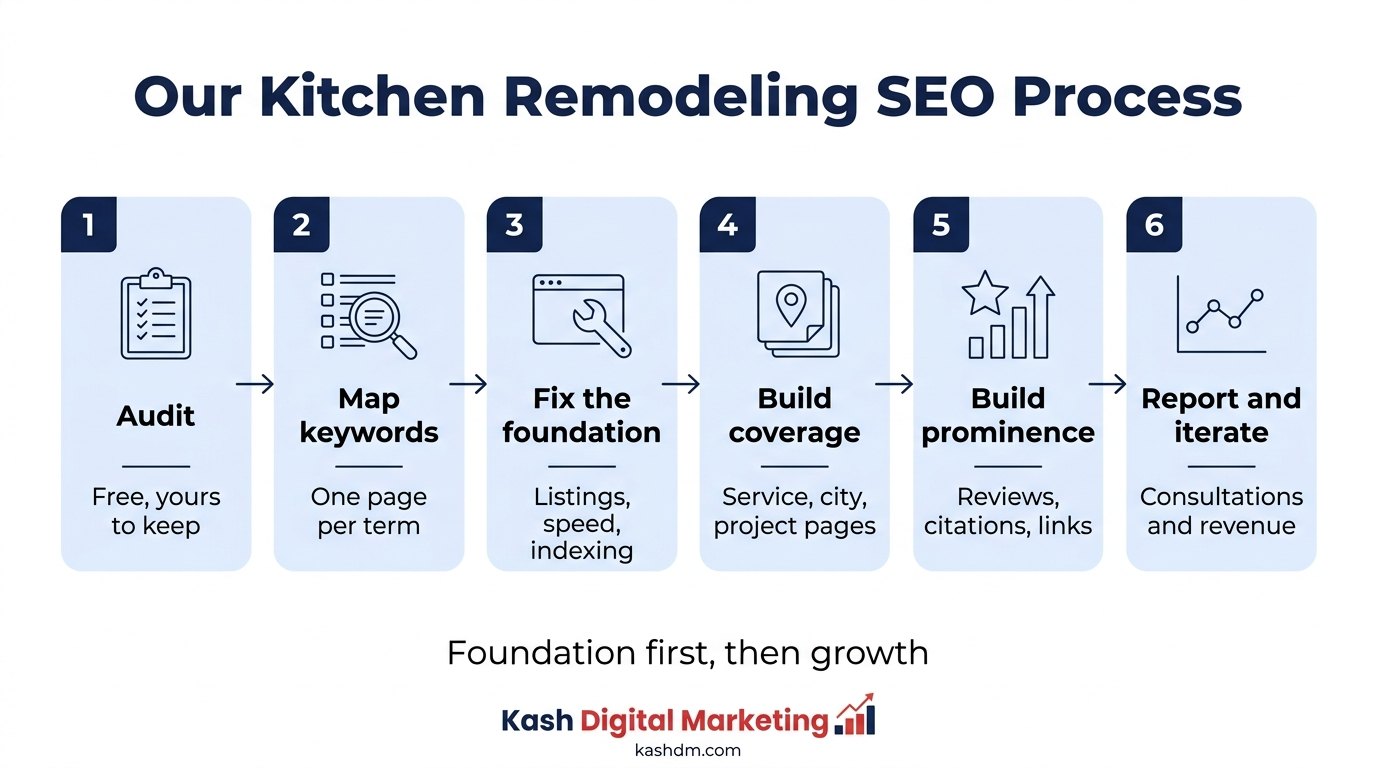Our kitchen remodeling SEO process: audit, map keywords, fix the foundation, build coverage and proof, build prominence, report and iterate.